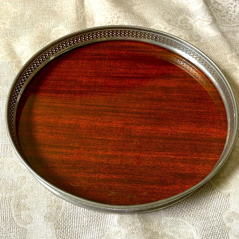 VTG mid century Formica laminated plastic round tray pierced rim revere pewter